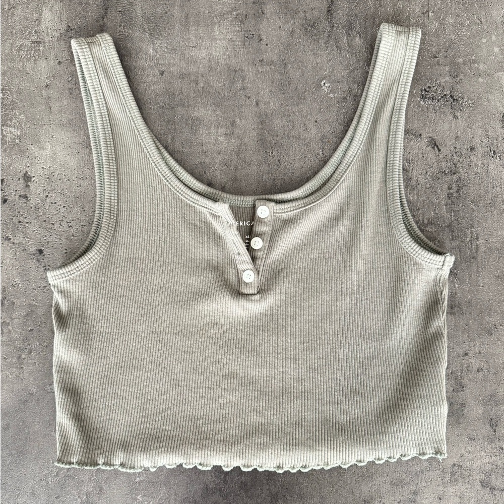 American Eagle (AE) Olive Cropped Lettuce Trim Tank Top, Women’s XS